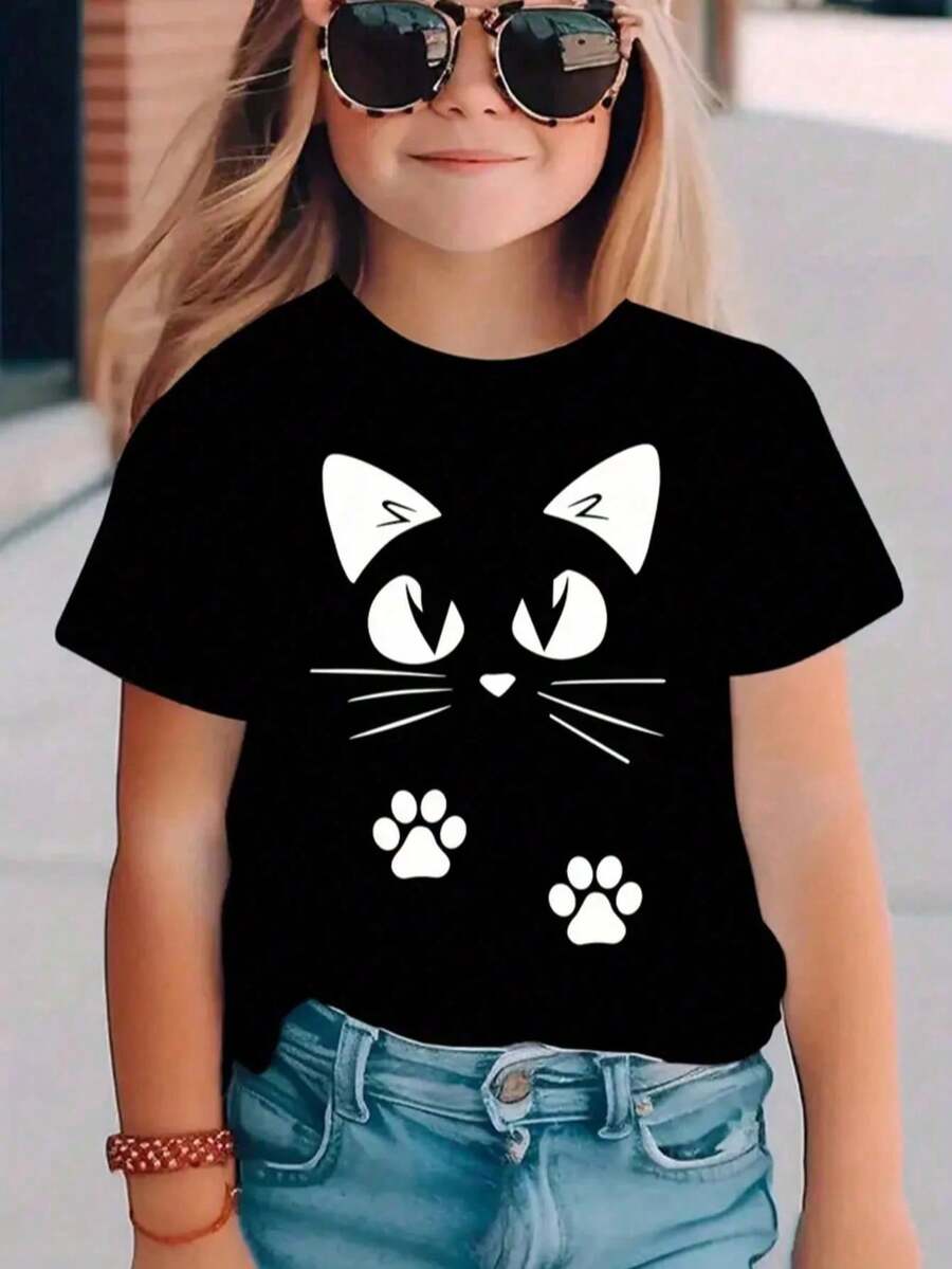 Summer 20261 Girls' Lightweight And Breathable Short Sleeve T-Shirt, Cute Black And White Cat Print, Super Soft And Breathable, Fashionable And Cute Style, Ideal For Everyday Wear And Pet Parties - 黑色 - 查看 1