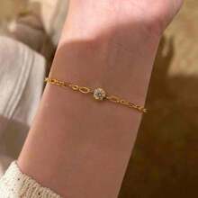 法式復古 18K 金鍍圓形鋯石細緻極簡鏈條手鍊 女款珠寶 - 金色 - 查看 2