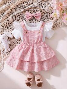 3pcs Baby Girl Sweet Princess Set: Solid Color Cap Sleeve T-Shirt, Jacquard Floral Pinafore Dress With Tiered Skirt, Headband With Bow - Pink - View 3