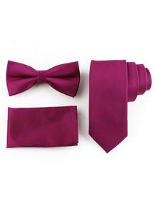 ZONFAZ 3pcs Men's Rose Red Ribbed Tie Set, 1pc 6cm Tie, 1pc Pocket Square, 1pc Bow Tie, Suitable For Groom Wedding, Party And Daily Work Wear - Hot Pink - View 2