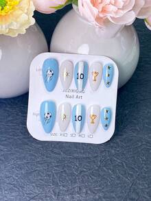 10 Pieces Of Handmade Press On Nails,Summer,World Cup Nails,Blue And Milky White Nails With Blue-White Vertical Stripe Design, Trophy,Number 10 Prints And Three Golden Star Metal Charms,Perfect For Game Watching,Daily Wear And Sports Party Occasions. - Dusty Blue - View 11