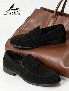 Salkin 經典時尚設計男士樂福鞋 圓頭套腳式 純色麂皮莫卡辛休閒鞋，柔軟舒適 透氣防滑耐穿 平底鞋，時尚西裝百搭 學生返校 大學風 畢業典禮 商務正裝 男士辦公室 派對 宴會 婚禮 新郎鞋 春夏秋季 大尺碼男鞋，多色可選，尺寸偏小，請選擇大一號 - 黑色 - 查看 7