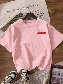 SHEIN | Garfield Women's Pink Double Sided Tee, Front Small Logo Back Cat & Dog Normal People Scare Me Red Text Print Loose Short Sleeve - Pink - View 4