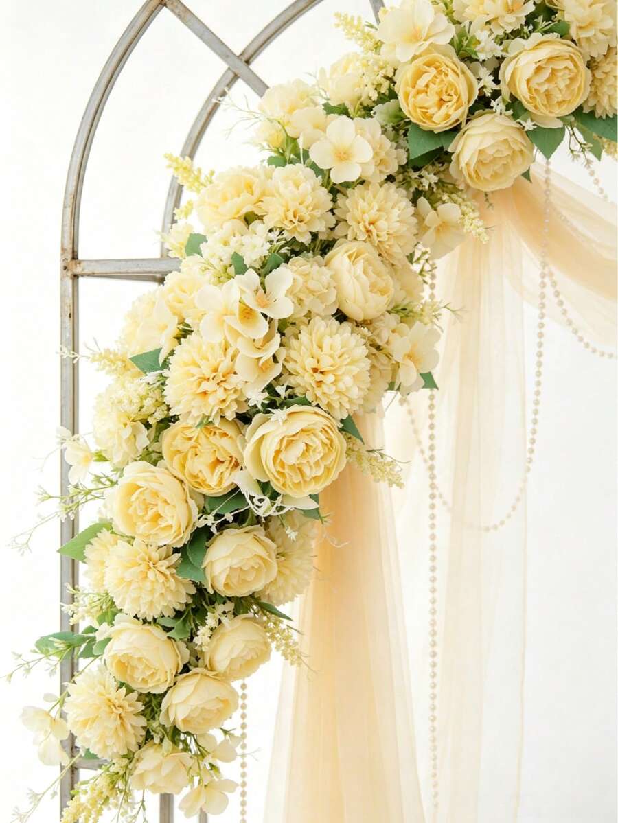 1PC Simulation 7-Head Hand-Held Embroidered Peony, Artificial Flower With Realistic Texture, Suitable For Vase, Home, Hotel Room, Wedding Decoration, Table Decoration, Birthday Gift, Autumn Decoration And Other Occasions - Yellow - View 1