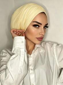 1pc Women's Classic Minimalist Solid Color Chemotherapy Turban Beanie, High Elasticity Full Pleated Design, Anti-Slip, Sweat-Absorbent, Breathable, Multi-Layer Pleated Headwrap, Makes Head Look Full, Perfect For Matching With Hijab, Comfortable Soft Modal Skin-Friendly Premium Knitted Fabric, Suitable For Daily Wear - Lemon Yellow - View 3