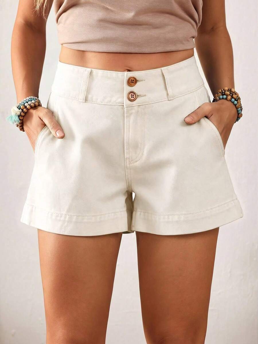 Women's Retro Solid Color Loose Fit Belted Straight Leg Denim Shorts, Summer - Beige - View 1