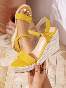 Sandal Wedges Anyaman Jerami Hitam Baru untuk Wanita, Gaya Liburan Luar Ruangan Musim Semi/Panas, Sandal Romawi Bertumit Tinggi Sol Tebal dengan Tali Tunggal - Kuning - View 7