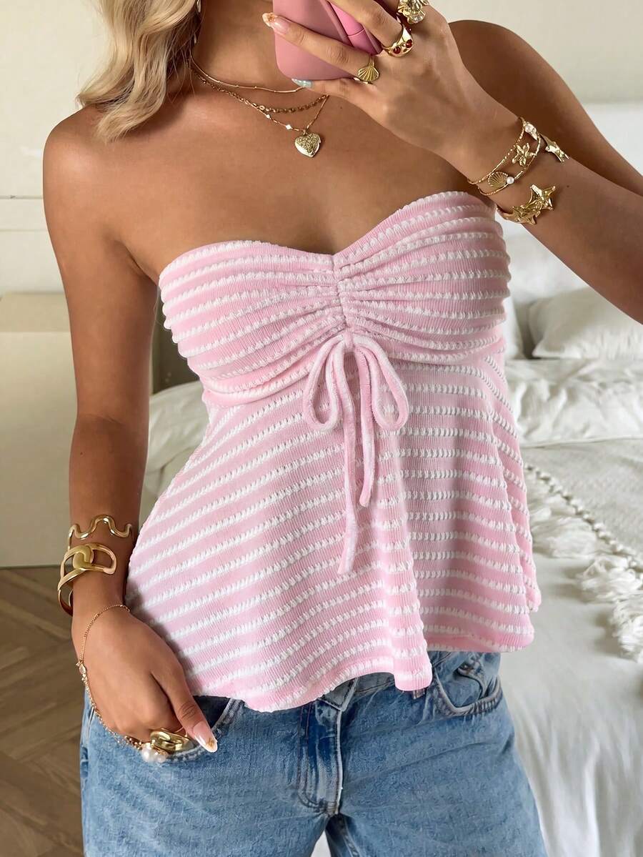 Top de tubo de punto a rayas rosas con cordón para verano - Rosa - Ver 1