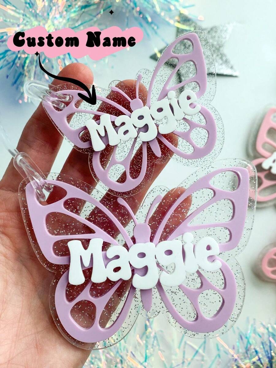 Butterfly Backpack Name Tag Personalized Keychain For Kids Name Bag Tag Custom Lunch Box Butterfly Theme Keychain For Kids Acrylic Backpack - Butterfly Pendant - View 1