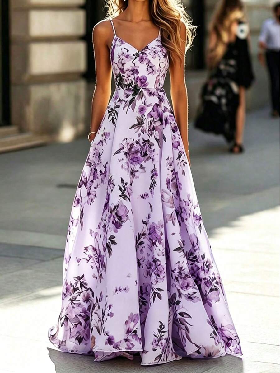 Full Length Floral & Leaf Print Maxi Dress, Suitable For Wedding Vacation Party - Violet Purple - View 1