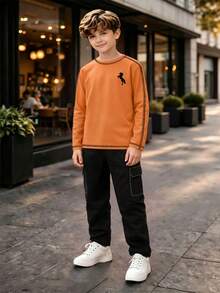 Boys' Spring/Autumn Lightweight 2-Piece Set, Pony Print Crew Neck Long Sleeve Top + Solid Color Straight Leg Pants, Suitable For 8-12 Years Old Boys, Daily Wear, Outdoor Activities - Orange - View 3