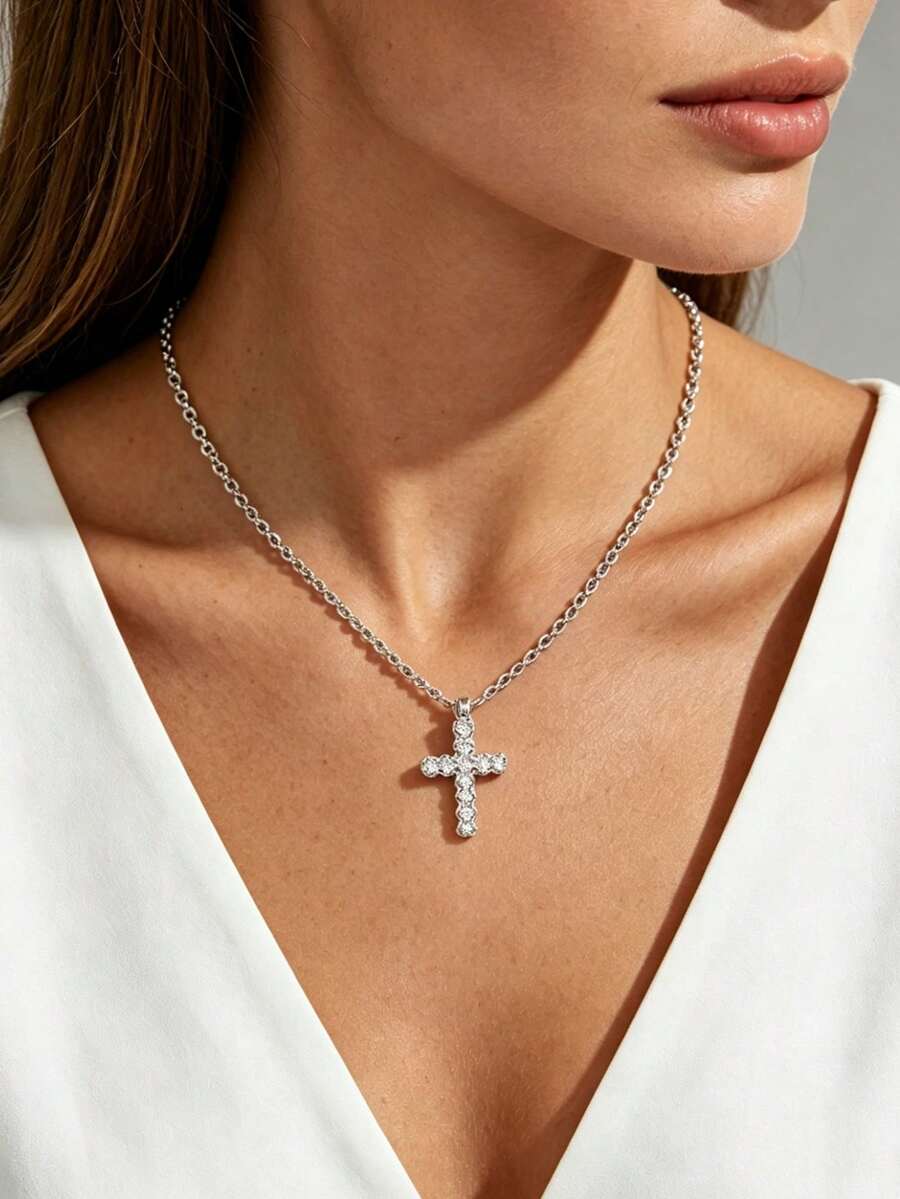 MECYLIFE 1pc Women's Zirconia Inlaid Cross Necklace, Simple Daily Wear Jewelry, Layerable Cross Pendant Necklace - cross - View 1