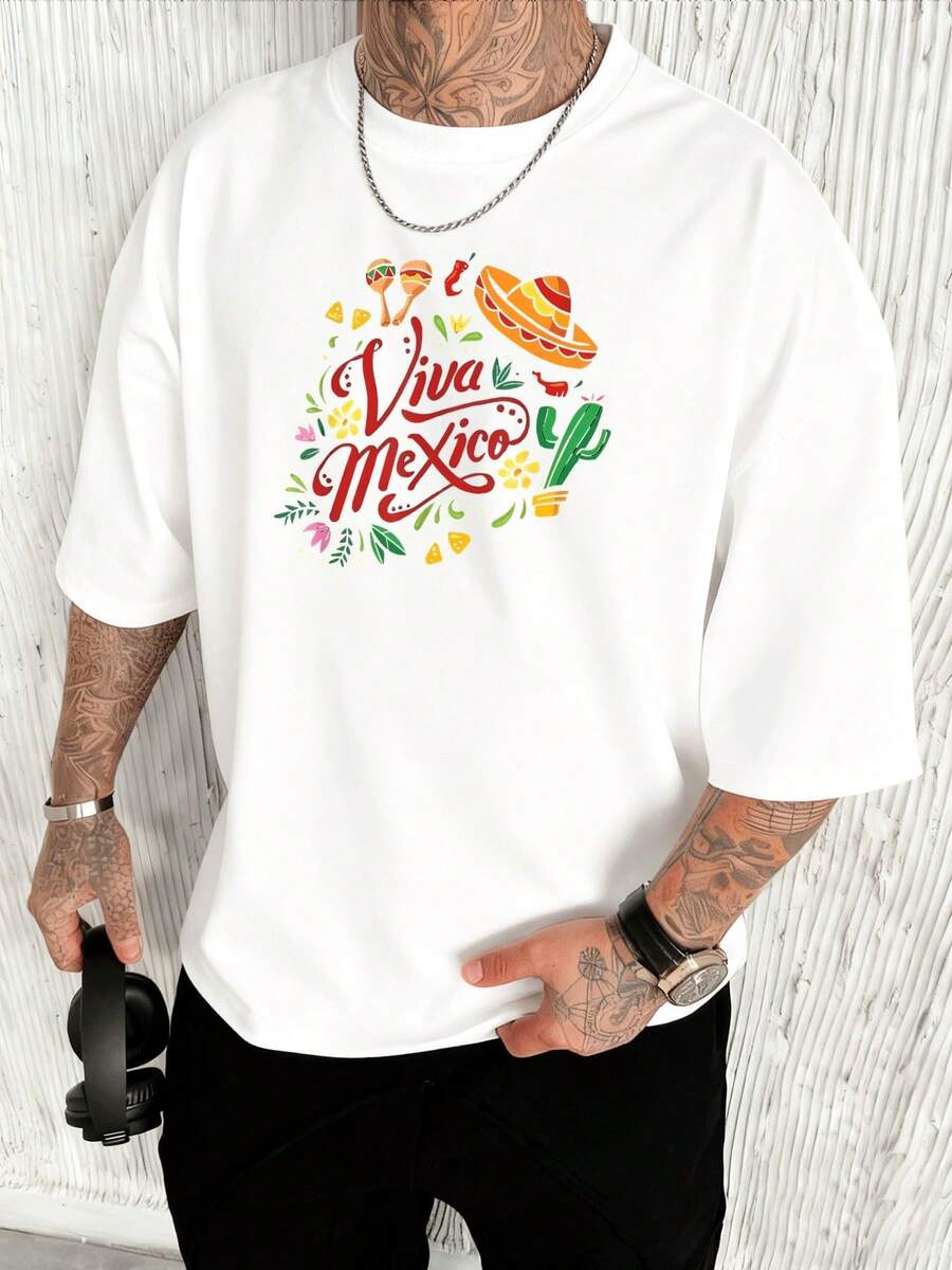 Men's T-Shirt. Vibrant Celebration Of Viva Mexico With Mariachi Hat, Maracas, And Cactus Adorned With Flowers Represents The Festive Spirit And Rich Mexican Culture. Family Celebration. - 白色 - 查看 1