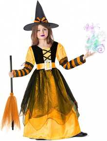 HomeChi Disfraz Bruja para Niña Halloween, Vestido de Bruja con Sombreros y Palos de Escoba, Outfit Lindo Trajes Cosplay para Fiestas Infantiles Cumpleaño Espectáculo Carnaval Halloween - Morado - Ver 8