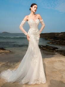 Elasola HEARBOBO Vintage Baroque Lace Applique White Formal Evening Gown, Mermaid Style Bridal Wedding Dress Fall - White - View 4