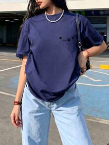 Spring And Summer Collection With A Short Sleeve Round Neck T-Shirt Decorated With An Adorable Paw Print Design On The Back, Perfect For Casual And Versatile Use. - Blue - View 2