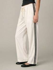 Fall Winter Women Drawstring Waist Straight Leg Track Pants Contrast Side Stripe Pocket Loose Sports Trousers Gym Workout Fitness Outdoor Activewear - Apricot - View 3