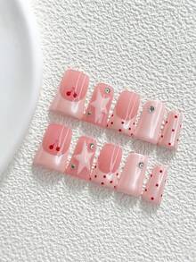 10片裝 Y2K 風格手工穿戴甲 Polygel 凝膠美甲套組，粉色櫻桃、星星、波點設計，粉色指甲油，甜酷風，附美甲工具，3 種尺寸可選，杏仁形、鴨嘴形、棺材形，適合派對、舞蹈、日常配戴 - 彩色 - 查看 20