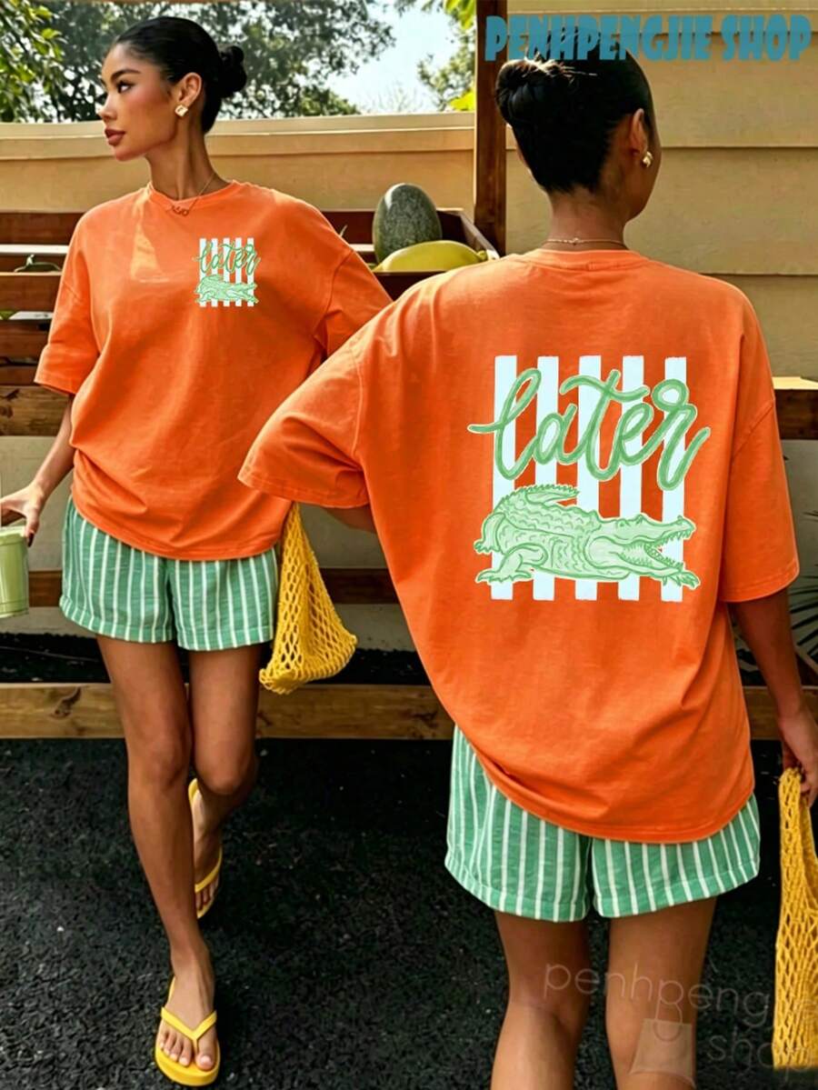 Women's Later Gator Funny Pun Cute Crocodile Casual Oversized Graphic Tee, Last Day Of School, 4th Of July, Vacation, Summer Tops, Teacher Outfits - 灰色 - 查看 1