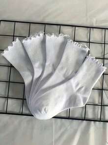1/5/6/10/15 Pairs Pure White Striped Ruffle Mid-Calf Socks, Suitable For Home, Travel, Vacation And Autumn/Winter Seasons - White - View 1