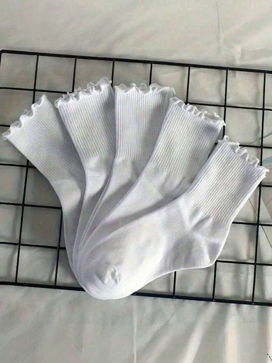 1/5/6/10/15 Pairs Pure White Striped Ruffle Mid-Calf Socks, Suitable For Home, Travel, Vacation And Autumn/Winter Seasons - White - View 1