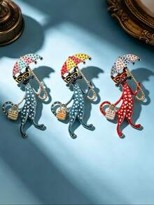 Cute Cat With Umbrella Brooch Pin For Women, High-End Luxury Versatile Kitten Brooch Corsage - Multicolor - View 9