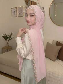 1件裝女款喇叭袖刺繡雪紡頭巾，柔軟透氣舒適百搭長巾，防曬頭巾，希賈布，簡約百搭，適合日常穿著，四季皆宜 - 多色-喇叭花刺繡邊長巾 - 查看 3