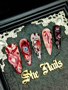 DIY Gothic Punk Bloody Halloween Black/Green/Red Nail Art Fake Nails 10pcs Metallic Pointed Handmade Press-On Nails 3D Handmade Eyes/Ghosts/Bloodstain Gradient 3D Silver Beads Suitable For Party/Daily/Cosplay, Includes Jelly Glue And Nail File - Multicolor - View 3