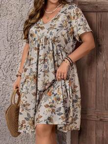 Vestido de verano con estampado floral, escote en V y manga corta para mujer de talla grande, estilo campo - Azul marino - Ver 8