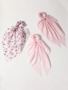 3件組女款極簡優雅粉色蝴蝶結印花緞帶髮圈，適合日常、節日、休閒、度假裝飾與搭配 - 粉色 - 查看 8