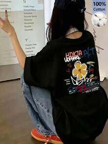 日系女式宽松休闲圆领卡通印花短袖T恤，春夏百搭黑色度假风 - 黑色 - 查看 3