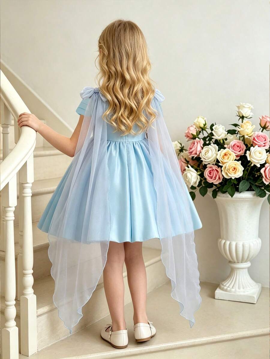 Gaun Putri Tanpa Lengan Warna Biru Langit untuk Anak Perempuan, Cocok untuk Pesta, Pernikahan, Ulang Tahun, Acara Formal, Sepanjang Musim - Biru - View 1
