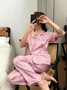 Dreamivo Short Sleeve & Long Pants Jacquard Leopard Print Premium Loungewear Set - Pink - View 1