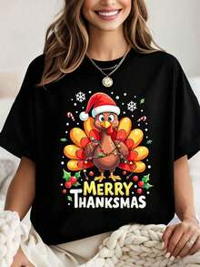 Camiseta de Navidad de Turquía Santa Feliz Agradecimiento Acción de Gracias Camisetas gráficas para mujeres tops cortos conjuntos de verano para mujeres tops de verano Camiseta de arte - Negro - Ver 2