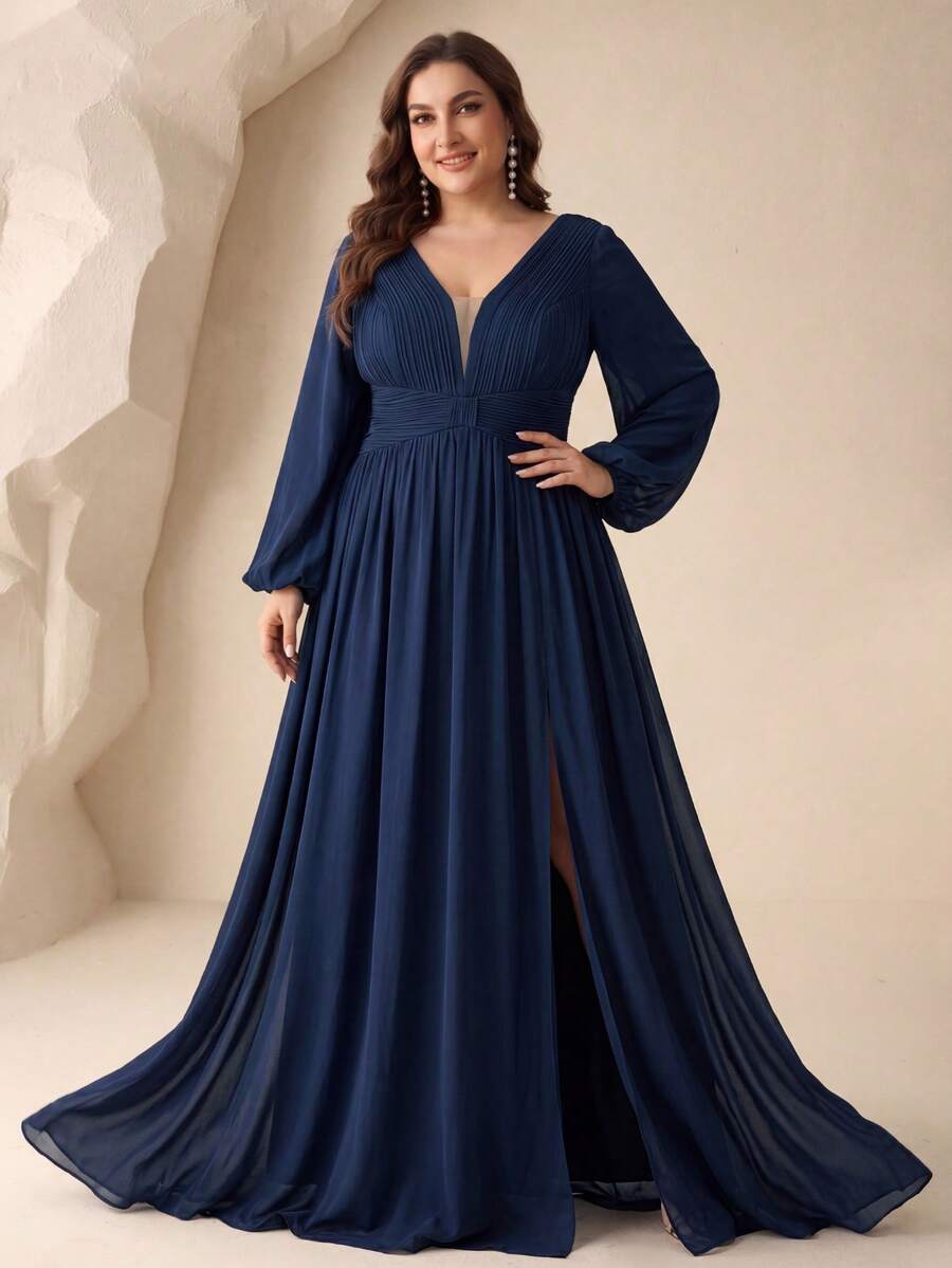 UNITHORSE Vestido de dama de honor de gasa plisada con escote en V profundo y mangas farol para mujer de talla grande - Azul Marino - Ver 1