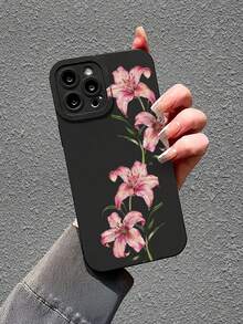 1 pieza Funda protectora de teléfono con patrón de flor de lirio rosa, resistente al agua, duradera, a prueba de polvo, de moda, minimalista, protección de cámara, textura mate negra de cobertura completa, compatible con iPhone 17/16/15/14/13/12/11/7/8/XR/XS/Plus/Pro/Promax y serie Galaxy S/A, adecuada como regalo para amigos, familia, novia, novio, regalo perfecto para vacaciones - Negro - Ver 5