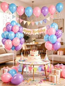 12/60/65PCS Pink, Purple, And Blue Latex Colorful Balloon Set, Suitable For Birthday Parties, Weddings, And Y2K Party Decorations - View 6
