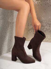 Women's Fashion Versatile Chunky High Heel Suede Patchwork Pointed Toe Slip-On Ankle Boots, Comfortable Leg-Lengthening Slimming Boots, Street Party Cute Outdoor Lolita Style - Brown - View 1