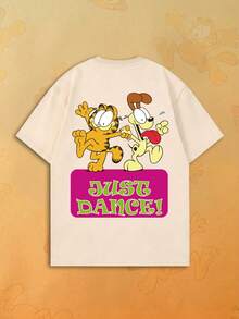 SHEIN | Garfield Women's Beige Double-Sided Tee, Dancing Cat & Dog Front Small Logo Back JUST DANCE Color Slogan Print Loose Short Sleeve - Apricot - View 1