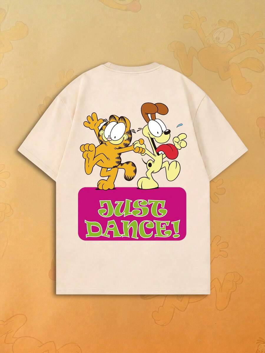 SHEIN | Garfield Women's Beige Double-Sided Tee, Dancing Cat & Dog Front Small Logo Back JUST DANCE Color Slogan Print Loose Short Sleeve - Apricot - View 1