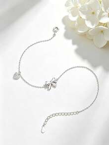 1pc S925 Sterling Silver Bow & Heart Full Rhinestone Thin Ankle Chain, Ins Korean Style Minimalist Sweet Personalized Gentle Girl Elegant Versatile Foot Jewelry, Women's Summer Beach Vacation Photo Outfit Adjustable Anklet, Exquisite Valentine's Day Gift - Bow - View 4