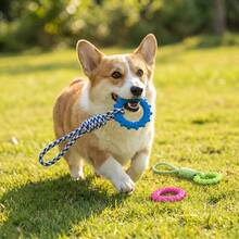 Juguete de cuerda de algodón para perros - Juguete interactivo de tirón con asa de bucle y estampado de pata de gallo colorido, juguete de masticar anudado para la limpieza de los dientes - Multicolor - Ver 6