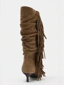 Botas altas con tacón de gatito fruncidas 2025, punta puntiaguda, por encima de la rodilla, botas de montar vintage de caña ancha, botas vaqueras - Marrón - Ver 7