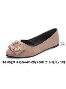 Women's Eye-Catching Rhinestone & Pearl Round Buckle Decor, Pointed Toe Flat Shoes, Lightweight & Comfortable - Apricot - View 9