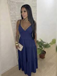 Women's Duna Ruffled Maxi Dress With Built-In Bra - Elegance, Lightness And Perfect Drape. - Navy Blue - View 1