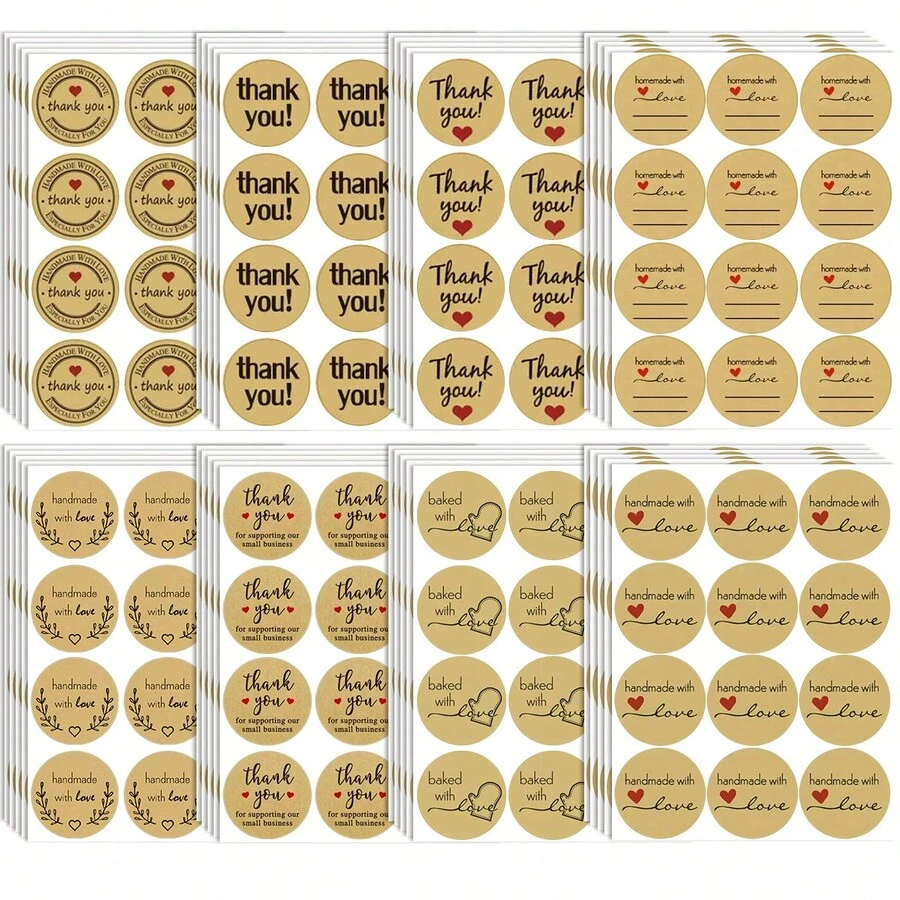 500pcs Kraft Paper English Thank You Doodle Roll Stickers, 1.51 Inch Round, 9 Styles To Choose From, Office Stationery Stickers, Holiday Party, Card Envelope Creative Gift DIY Packaging Baking Seal Stickers School Supplies - Kraft Paper Thank You - View 1