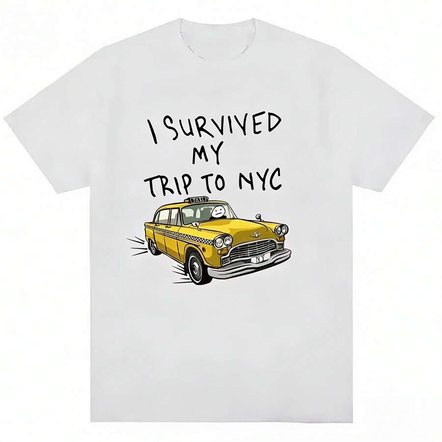 Women's T-Shirt With New York Taxi Print, Casual Short Sleeve Top With Round Neck, Knit T-Shirt, Summer Vintage Style. - 白色 - 查看 1
