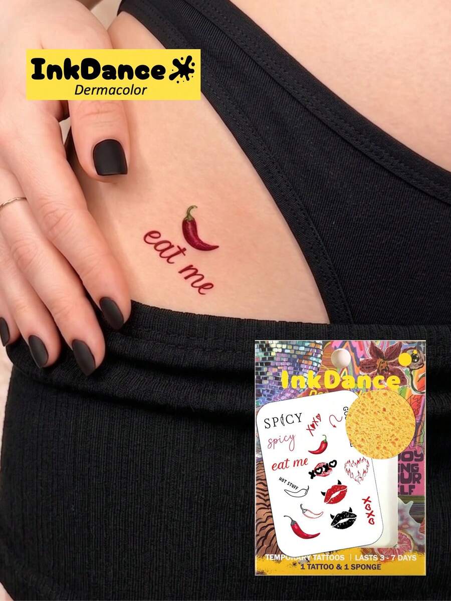 1 Set de Pegatinas de Tatuaje Temporal "Eat Me", Estilo Sexy de Chile Realista, Impermeable, Efecto de Tatuaje Realista, InkDance, Ink Dance Colorido, Fácil de Aplicar y Quitar, CSX059 - Multicolor - Ver 1