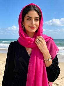 وشاح شيفون خفيف الوزن بلون موحد للنساء، واقي من الشمس، متعدد الاستخدامات، جديد للفصول الأربعة، 1 قطعة - روز أحمر - مشاهدة 4