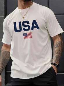 Camiseta de manga corta de cuello redondo casual de verano para hombres con estampado de letra y bandera americana - Blanco - Ver 1